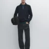 Baumwoll-Pullover mit Stehkragen und Reißverschluss