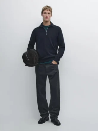 Baumwoll-Pullover mit Stehkragen und Reißverschluss