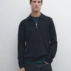 Baumwoll-Pullover mit Stehkragen und Reißverschluss