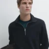 Baumwoll-Pullover mit Stehkragen und Reißverschluss