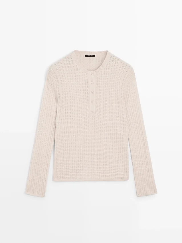 Henley-Pullover aus Wollmischung mit Cutwork-Verzierung Henley-Pullover aus Wollmischung mit Cutwork-Verzierung
