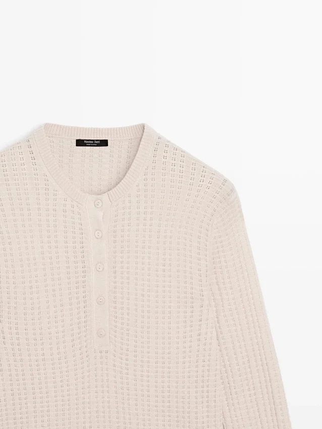 Henley-Pullover aus Wollmischung mit Cutwork-Verzierung Henley-Pullover aus Wollmischung mit Cutwork-Verzierung