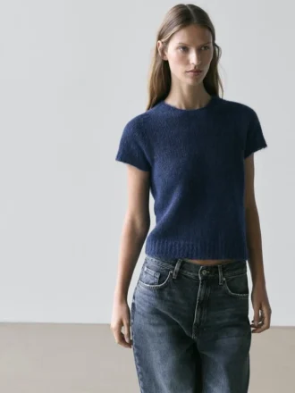 Kurzärmeliger Strickpullover aus Alpaka-Mischung Kurzärmeliger Strickpullover aus Alpaka-Mischung