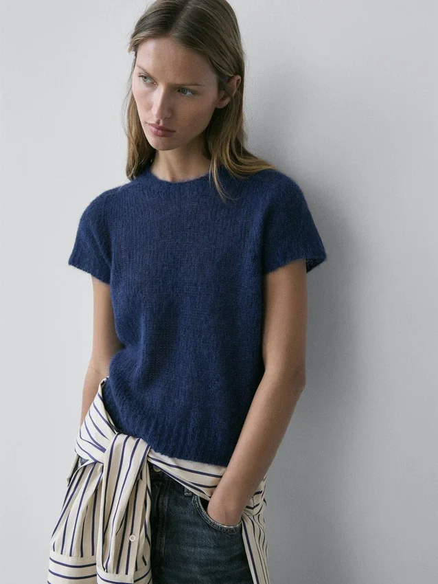 Kurzärmeliger Strickpullover aus Alpaka-Mischung Kurzärmeliger Strickpullover aus Alpaka-Mischung