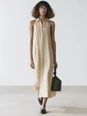 Midi-Kleid aus Leinenmischung mit Poloshirt-Kragen Midi-Kleid aus Leinenmischung mit Poloshirt-Kragen