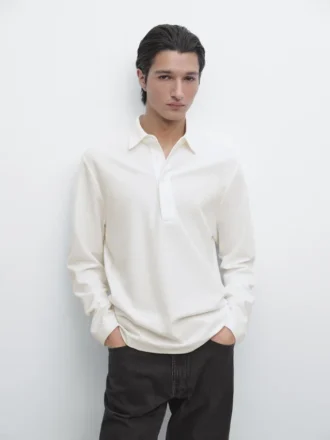 Piqué-Poloshirt mit langen Ärmeln und Knopfleiste