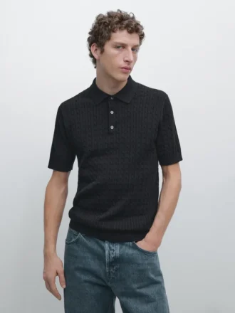 Poloshirt aus 100 % Baumwolle mit Zopfmuster Poloshirt aus 100 % Baumwolle mit Zopfmuster