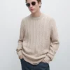 Pullover aus 100 % Baumwolle mit Zopfmuster und Rundhalsausschnitt